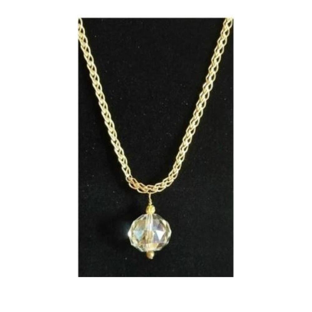 Vintage Crystal Ball Pendant Necklace Gold Tone Chain